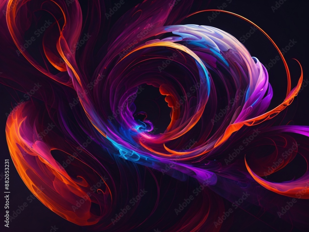 Vibrant, abstract swirling patterns of bright colors including purple, blue, and orange on a dark background, resembling vortex or depth of the space, Generative AI. Vibrant, abstract swirling patterns of bright colors including purple, blue, and orange on a dark background, resembling vortex or depth of the space, Generative AI.