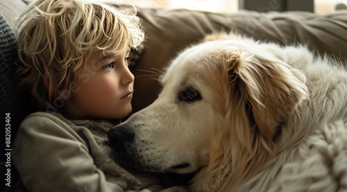 Young Boy and His White Dog Napping on a Couch