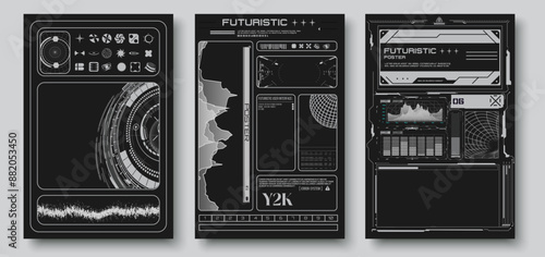 Futuristic HUD Poster Set, User Interface Design. Isolated Vector Black and Gray Sci-Fi UI Elements, Symbolizing Technology, and Innovation Concepts for Tech Projects. Grunge planet posters. Vector