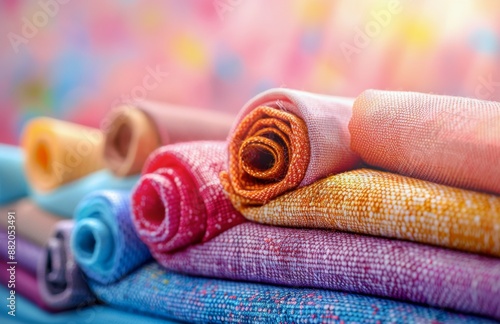 Colorful Fabric Rolls Arranged On Blue Surface