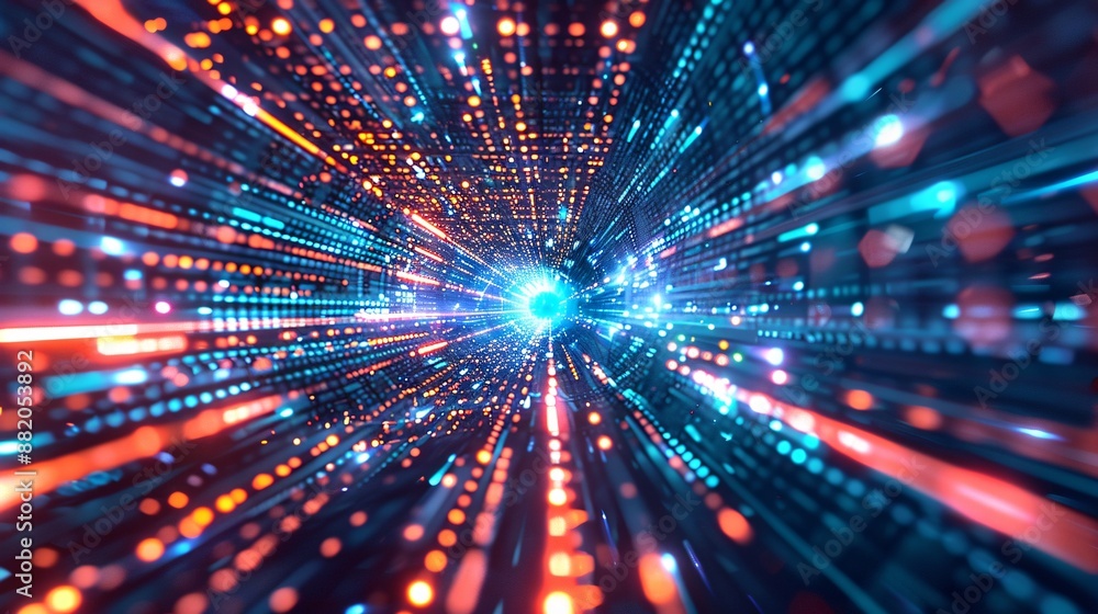 A striking image of a high-tech object with digital lights spreading across it, symbolizing technological advancement. The glowing lights create a visually stunning representation of future A striking image of a high-tech object with digital lights spreading across it, symbolizing technological advancement. The glowing lights create a visually stunning representation of future