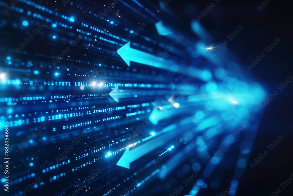 Stock illustration of arrows and technology on a blurred futuristic abstract geometric background for digital marketing, business or data transfers Stock illustration of arrows and technology on a blurred futuristic abstract geometric background for digital marketing, business or data transfers