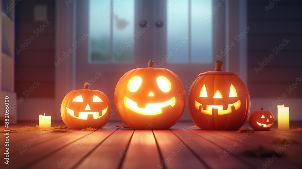 Fototapeta premium Lighted jack o'lanterns on a wooden floor for halloween, 3D illustration.