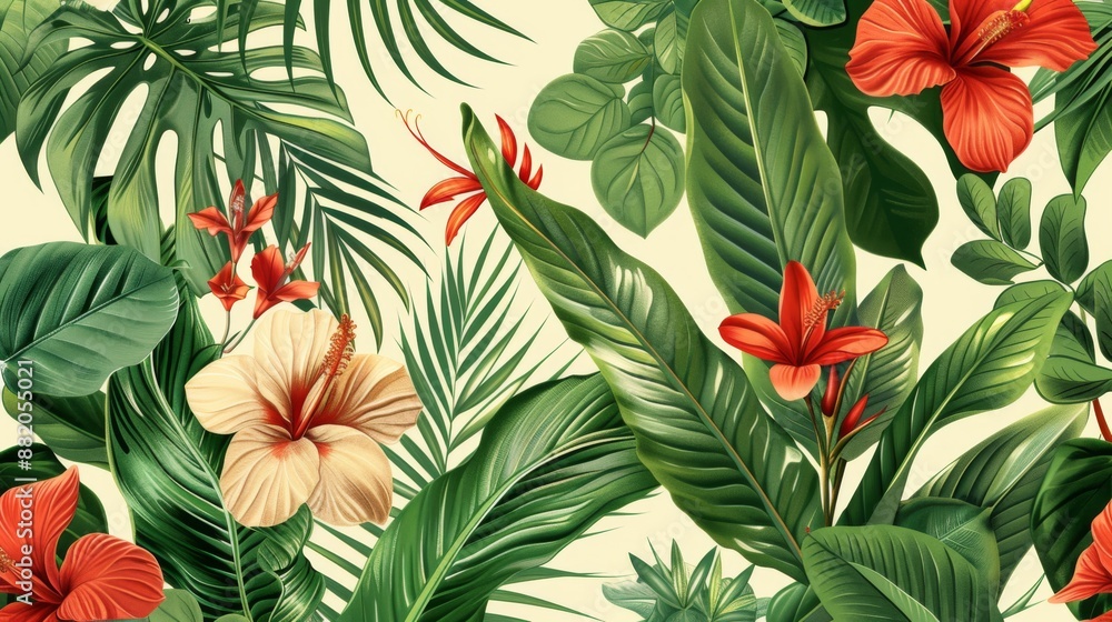 Tropical Floral Pattern with Lush Greens and Vibrant Blooms Tropical Floral Pattern with Lush Greens and Vibrant Blooms