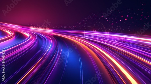 This scene includes a 3D render, an abstract neon background, a space tunnel turning to the left, ultraviolet rays, glowing lines, virtual reality jumps, speed of light, time and space strings, and © Антон Сальников