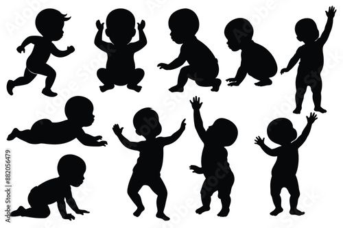 Silhouette of a little baby in various poses Vector illustration