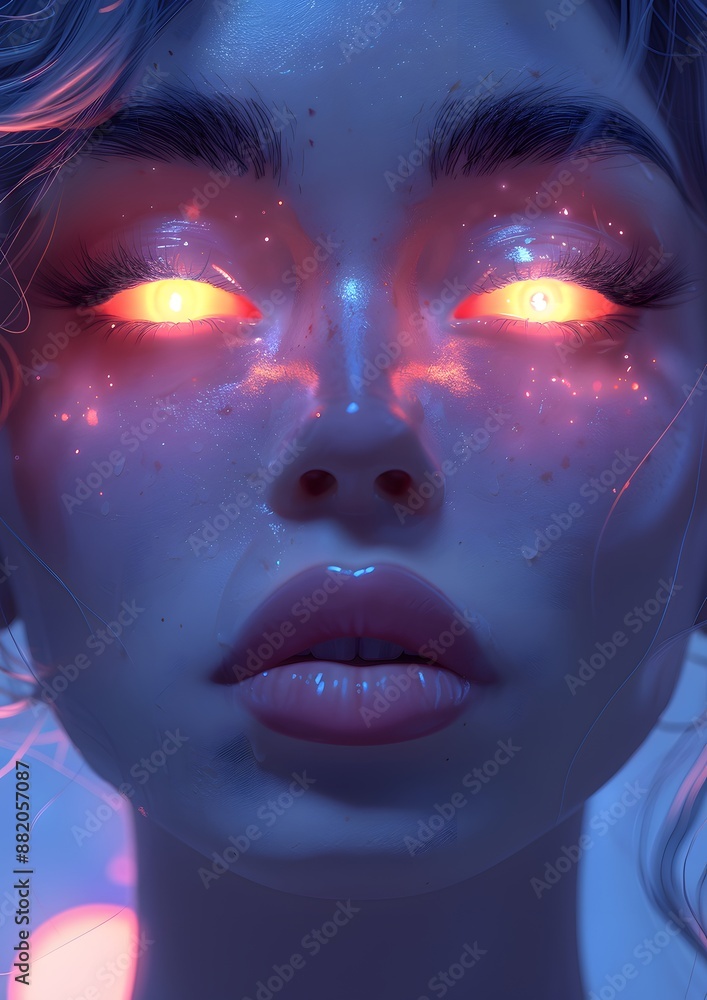 A woman's face is lit up with bright orange eyes A woman's face is lit up with bright orange eyes