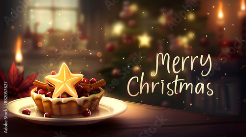 Traditional of a cartoon star-shaped mince pie on a white plate, perfect for Christmas party season desserts and holiday celebrations. Festive bakery item isolated on white background.