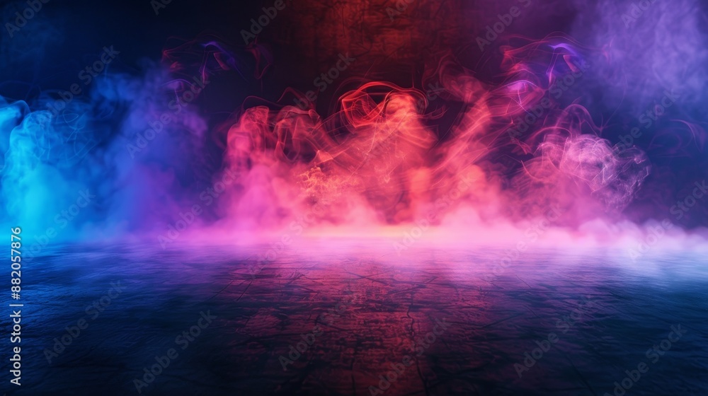 Fototapeta premium Awe inspiring wet asphalt scene with a neon reflection on a concrete floor. An empty stage at night with a dark abstract backdrop. Product showcase spotlights.
