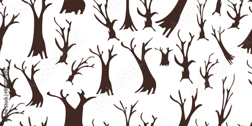 Seamless pattern of branches silhouette. Dark brown tree trunks and branches on a white background.