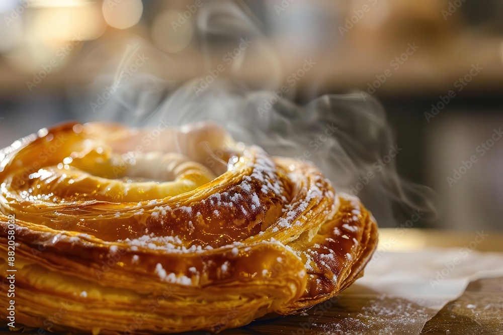 closeup of a golden flaky danish pastry with a glistening fruit filling steam rising from its freshly baked surface set against a warm inviting bakery background closeup of a golden flaky danish pastry with a glistening fruit filling steam rising from its freshly baked surface set against a warm inviting bakery background