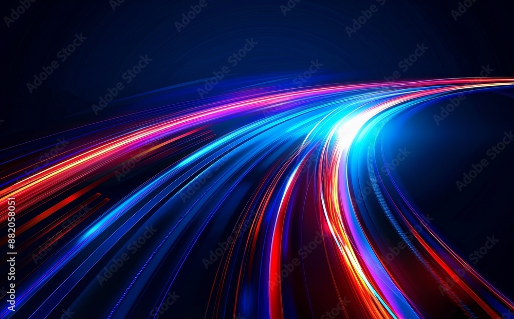 Show scene background with reflections of the dark street on wet asphalt. Neon shapes, smoke, red and blue neon light in the dark.