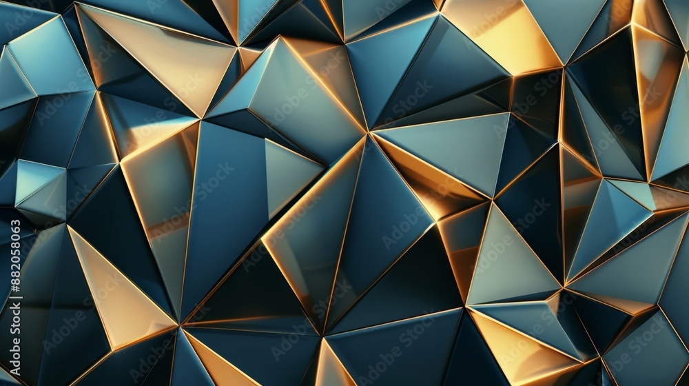 Abstract geometric background with gold and blue polygon shapes. Modern 3D design with angular patterns and sharp lines. Abstract geometric background with gold and blue polygon shapes. Modern 3D design with angular patterns and sharp lines.