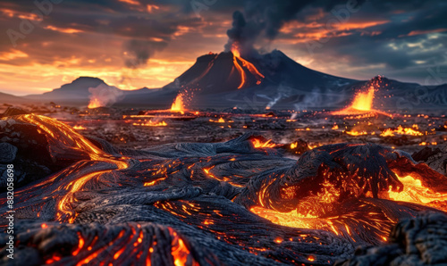 paysage apocalyptique de volcans et rivière de lave lors d'une éruption majeure photo