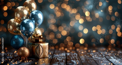 Blue And Gold Balloons With Gifts On A Wooden Table Against A Bokeh Background