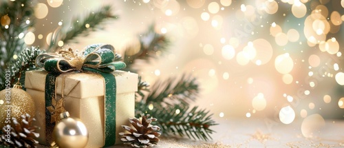 Wrapped Christmas Gift With Green Ribbon and Pine Branch