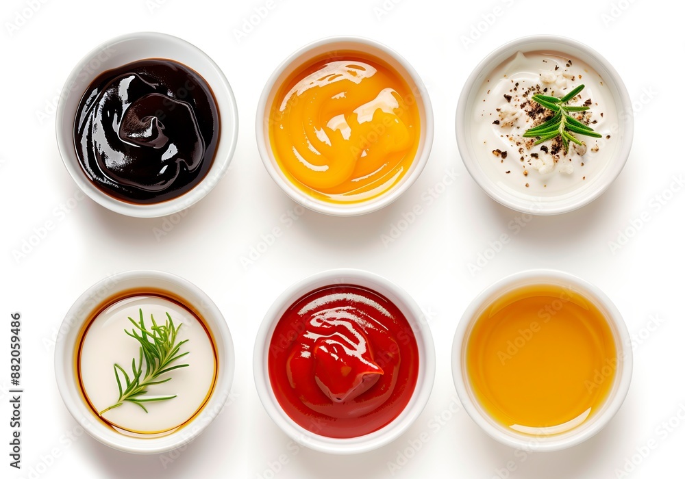 A top view of a variety of sauces in bowls, including ketchup, mustard, and tartar, isolated on a white background. Perfect for culinary presentations, ingredient collections, or cooking-themed design A top view of a variety of sauces in bowls, including ketchup, mustard, and tartar, isolated on a white background. Perfect for culinary presentations, ingredient collections, or cooking-themed design