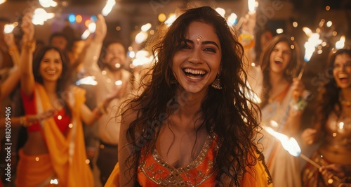 Smiling Bride Dancing With Guests During Indian Wedding Celebration