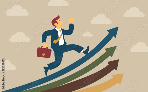 Career decisions: choosing future paths, opportunities, and directions for success. Businessman running towards different arrows symbolizing career growth options.