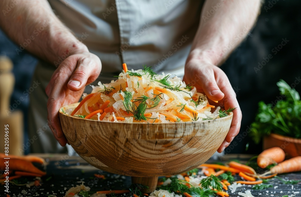 Chef Tossing Fresh Cabbage and Carrot Salad With Dill in a Wooden Bowl Chef Tossing Fresh Cabbage and Carrot Salad With Dill in a Wooden Bowl