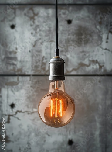 A Single Vintage Light Bulb Hanging Against a Gray Concrete Wall