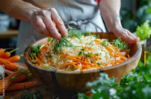 Person Garnishing A Large Bowl Of Shredded Cabbage And Carrot Salad With Fres...