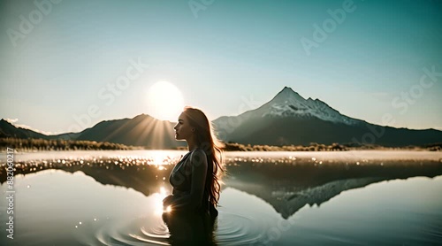 A woman on the lake at sunset photo