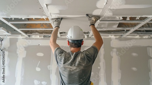 Close up shot of a worker attaching drywall to a ceiling