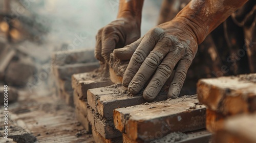 Close up shot of a worker applying mortar and laying bricks