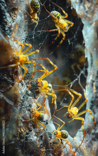 Closeup of arachnids with yellowjackets nearby, detailed textures, vibrant colors, natural interaction photo