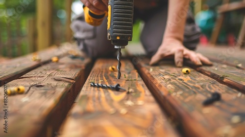 Close up shot of a worker drilling screws into deck boards photo