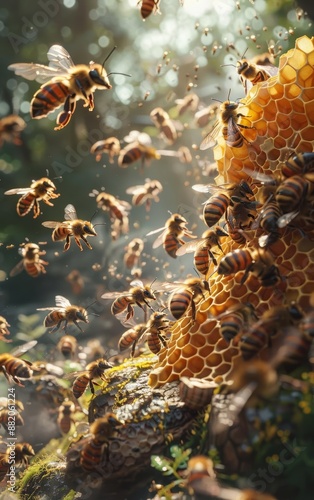 A swarm of busy bees around a honeycomb in a sunlit forest.
