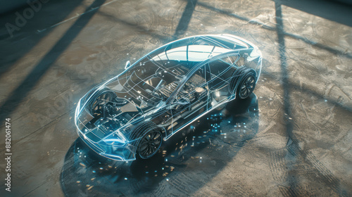 A digital composite showcasing the transparent internal structure of a car, highlighted with blue lines