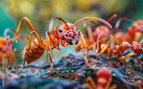 Closeup of a queen ant among soldiers, intricate details, vibrant hues, detailed and natural scene photo