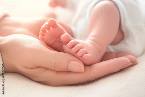 Hand holding a newborn baby foot