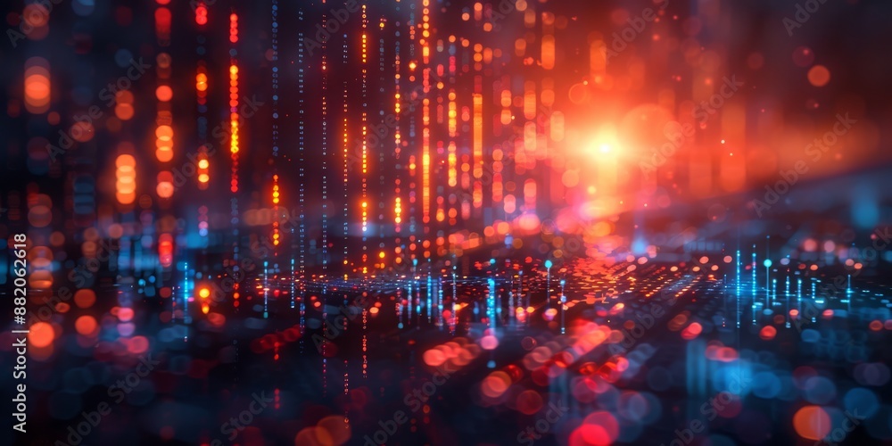 In a futuristic setting, there are red and blue lights in abstract digital data streams on a dark backdrop In a futuristic setting, there are red and blue lights in abstract digital data streams on a dark backdrop