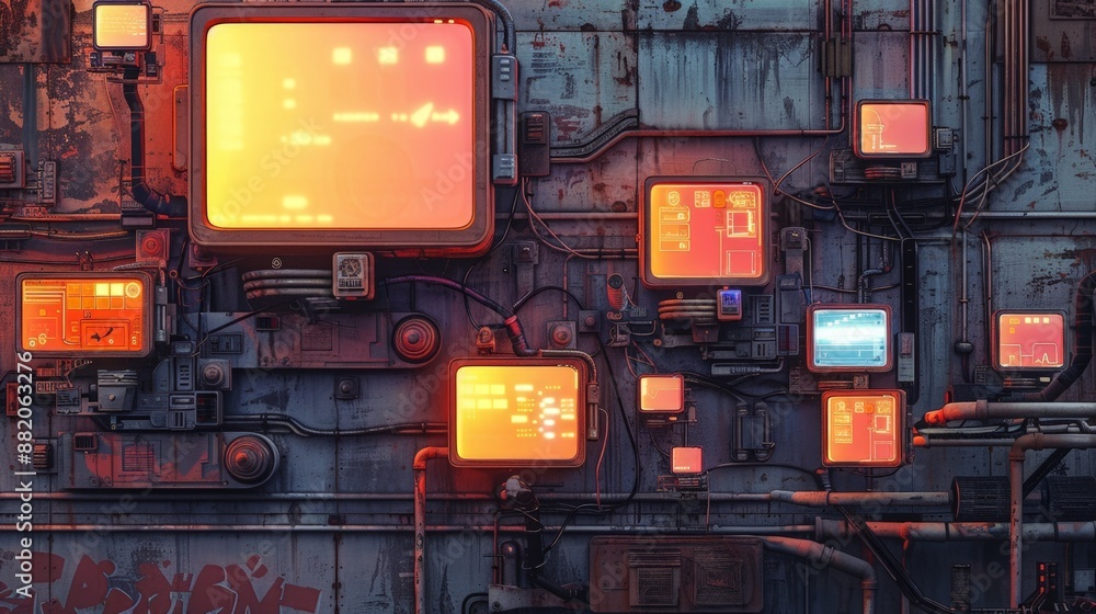 Futuristic control panel with multiple screens and interfaces, set against a metallic wall with intricate wiring. Futuristic control panel with multiple screens and interfaces, set against a metallic wall with intricate wiring.