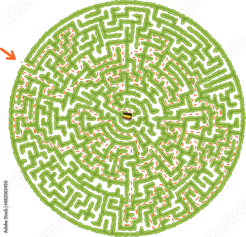 Try to find chest with golden coins inside green hedge maze vector Illustration. Top view of the open air round labyrinth made of garden bushes and grass. Medium or advanced difficulty level.