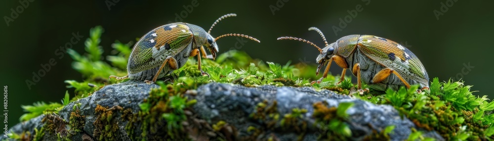 Obraz premium Weevils and moths on a mossy rock, detailed macro shot, intricate textures, natural harmony