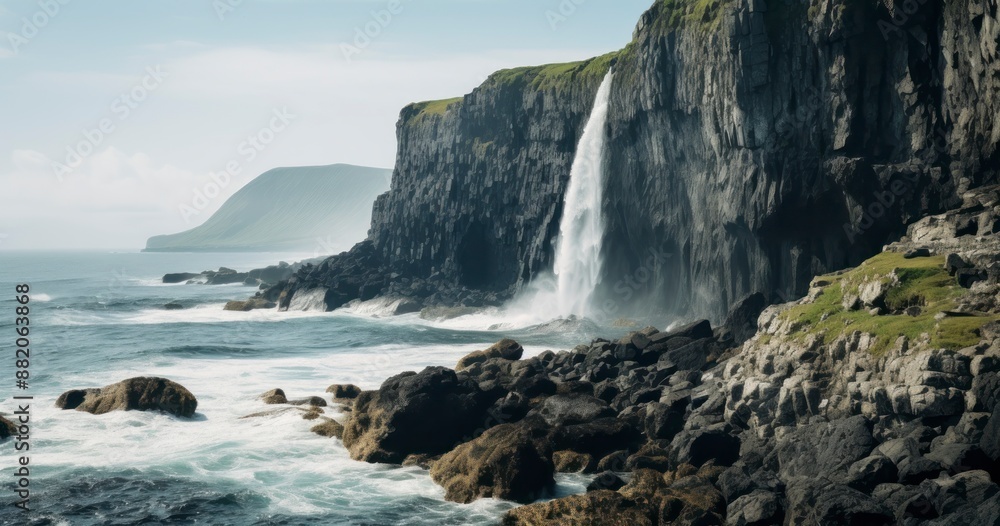Panoramic view of waterfall on a high cliff overlooking the ocean Panoramic view of waterfall on a high cliff overlooking the ocean