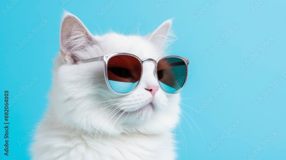 Cute white cat wearing sunglasses on blue background. Copy space. Cute white cat wearing sunglasses on blue background. Copy space.