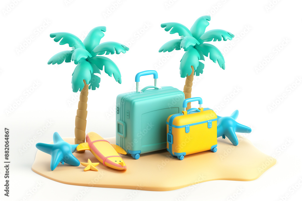 Obraz premium 3D Luggage on the beach with palm trees icon. vacation concept