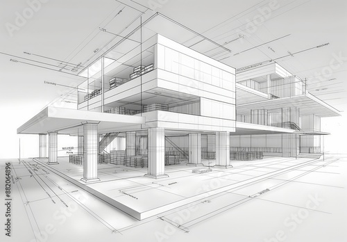 Wallpaper Mural Industrial building wireframe rendering with architectural and construction details Torontodigital.ca