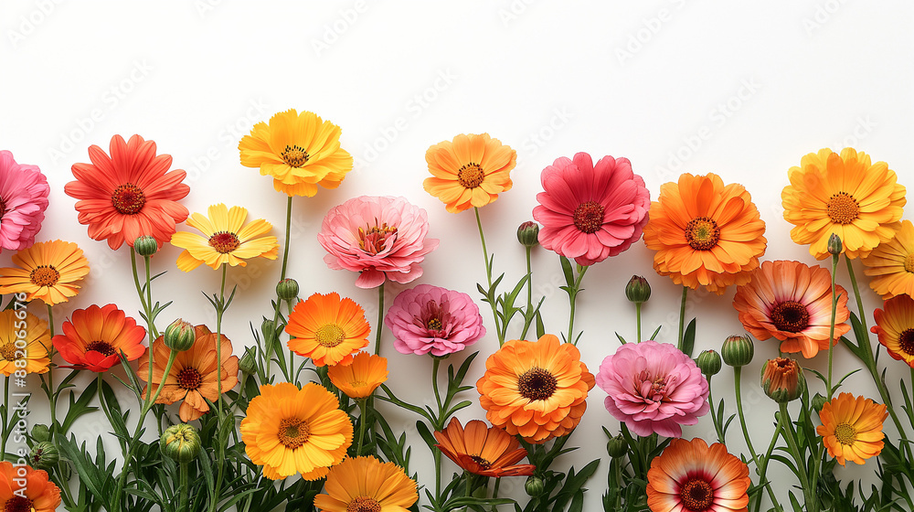 Obraz premium colorful flowers coming up from the bottom white background.