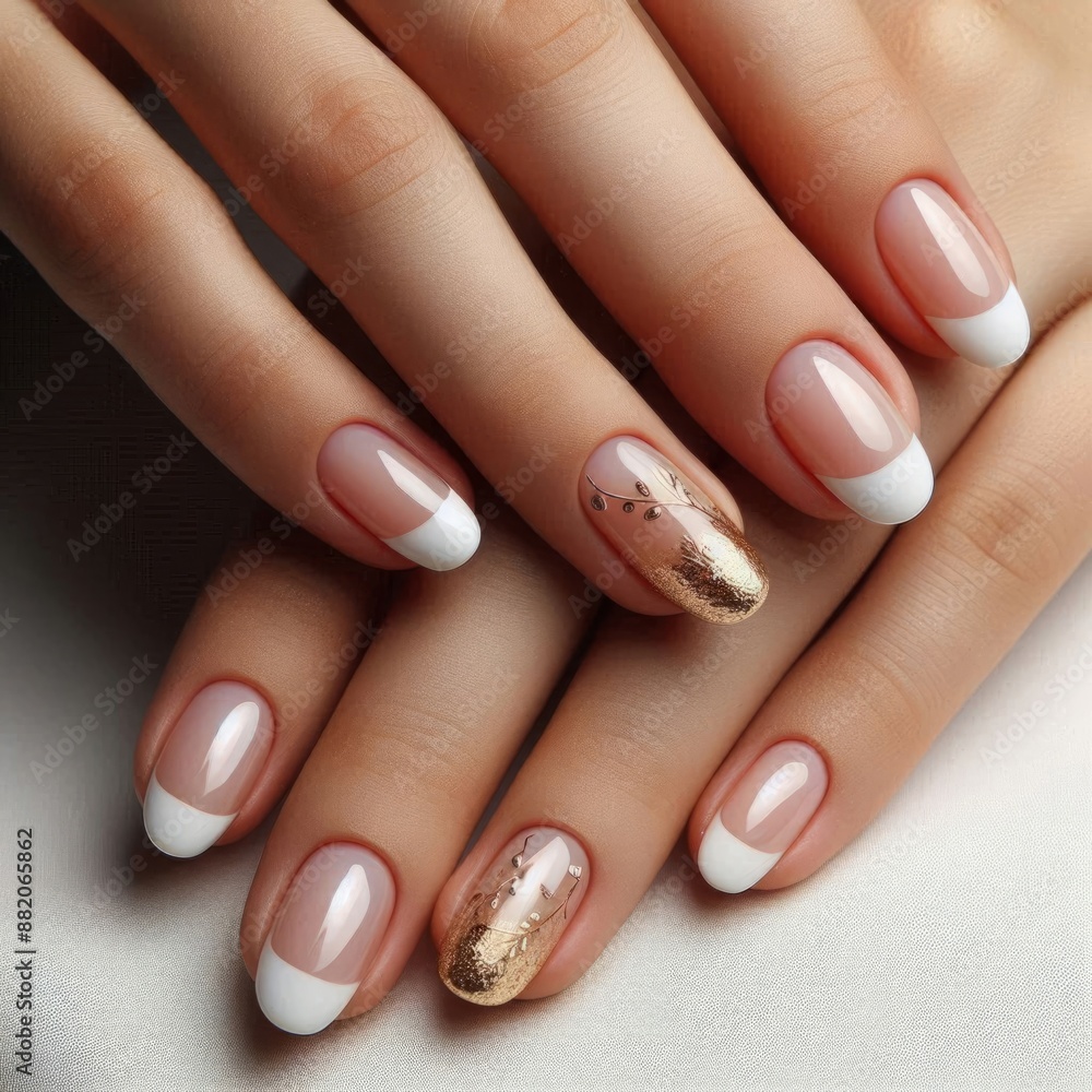 Elegant French manicure with a twist of tiny gold leaf accents on ring fingers for a subtle sparkle. Generated by AI. Elegant French manicure with a twist of tiny gold leaf accents on ring fingers for a subtle sparkle. Generated by AI.