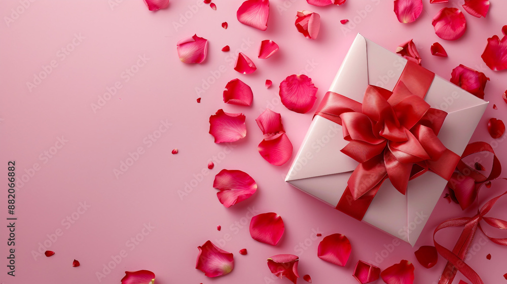 Pink Gift Box with Red Bow on Pink Background with Rose Petals - Festive Celebration Concept for Birthday, Anniversary, or Valentine's Day Greeting Card Design and Luxury Event Decoration Idea Pink Gift Box with Red Bow on Pink Background with Rose Petals - Festive Celebration Concept for Birthday, Anniversary, or Valentine's Day Greeting Card Design and Luxury Event Decoration Idea