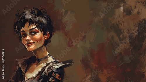 Fototapeta Naklejka Na Ścianę i Meble -  A picture of a woman with short hair and unusual clothing. She has a strange smile and is looking to the side. The background is a dark brown color.