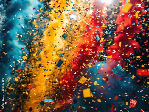 Victory Celebration Graphic: Design a celebratory graphic with confetti and fireworks in the colors of the Spanish and English flags.