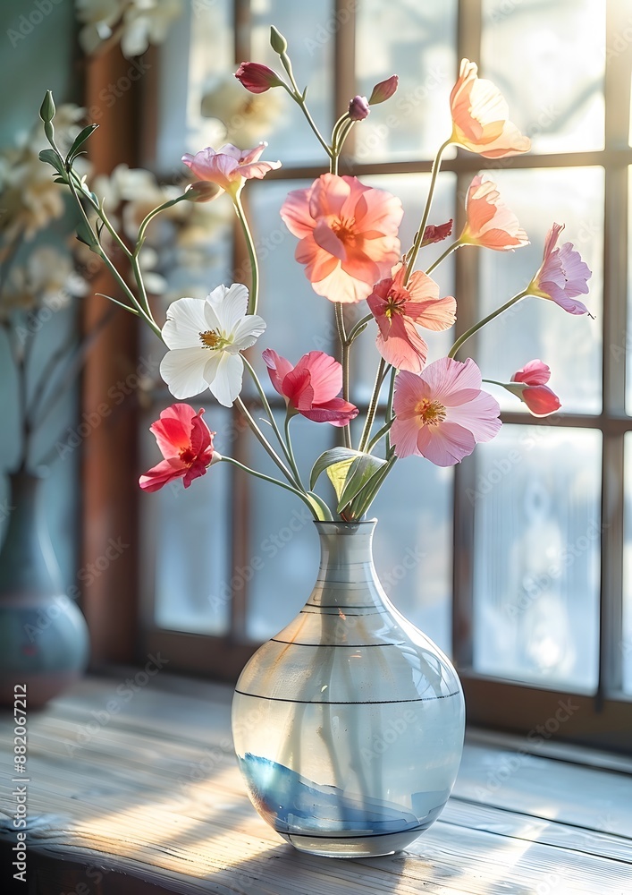 A vase of flowers sits on a table by a window A vase of flowers sits on a table by a window