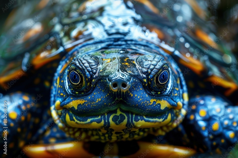 A close-up of the head and neck of an ornate turtle, with its skin painted in vibrant blue, yellow, and green patterns that resemble geodawa dots A close-up of the head and neck of an ornate turtle, with its skin painted in vibrant blue, yellow, and green patterns that resemble geodawa dots